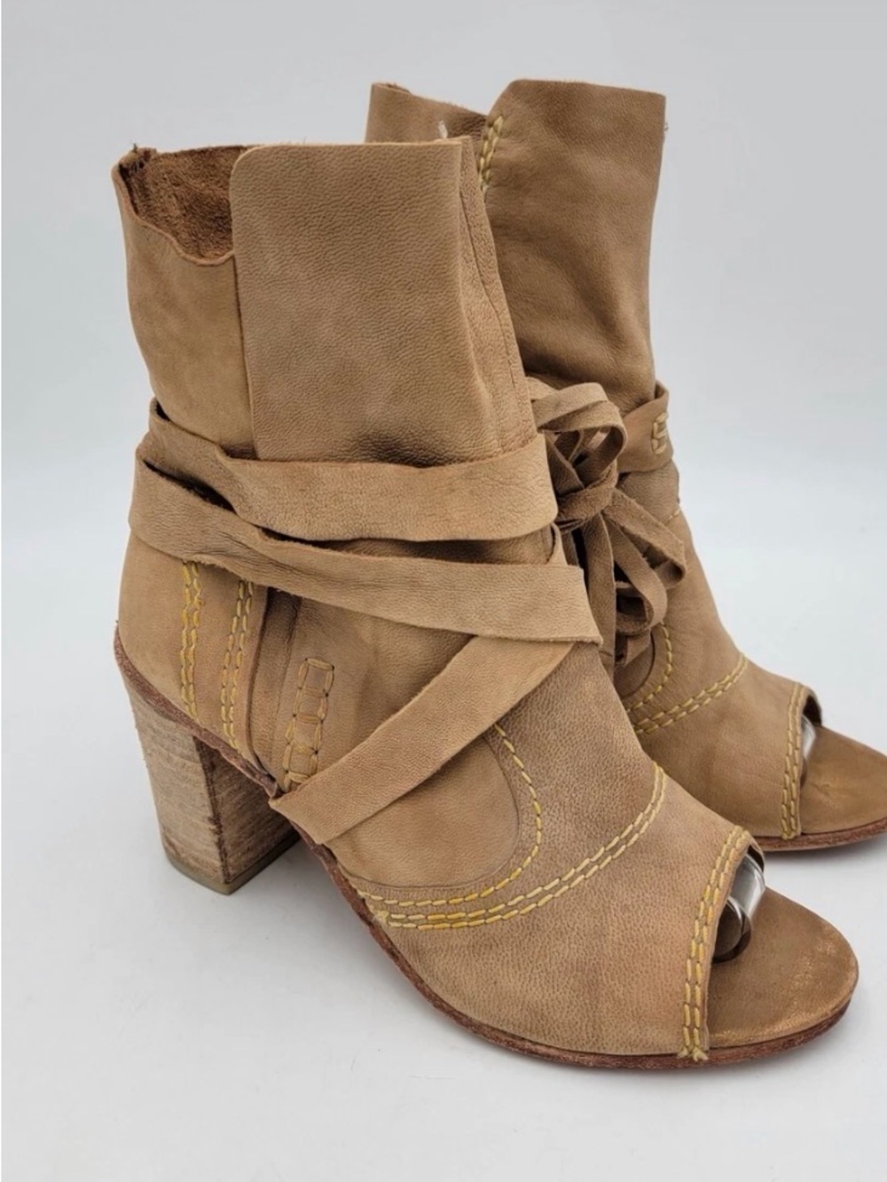 Free People Tan Wrap Peep-Toe Ankle Boots with Block Heel